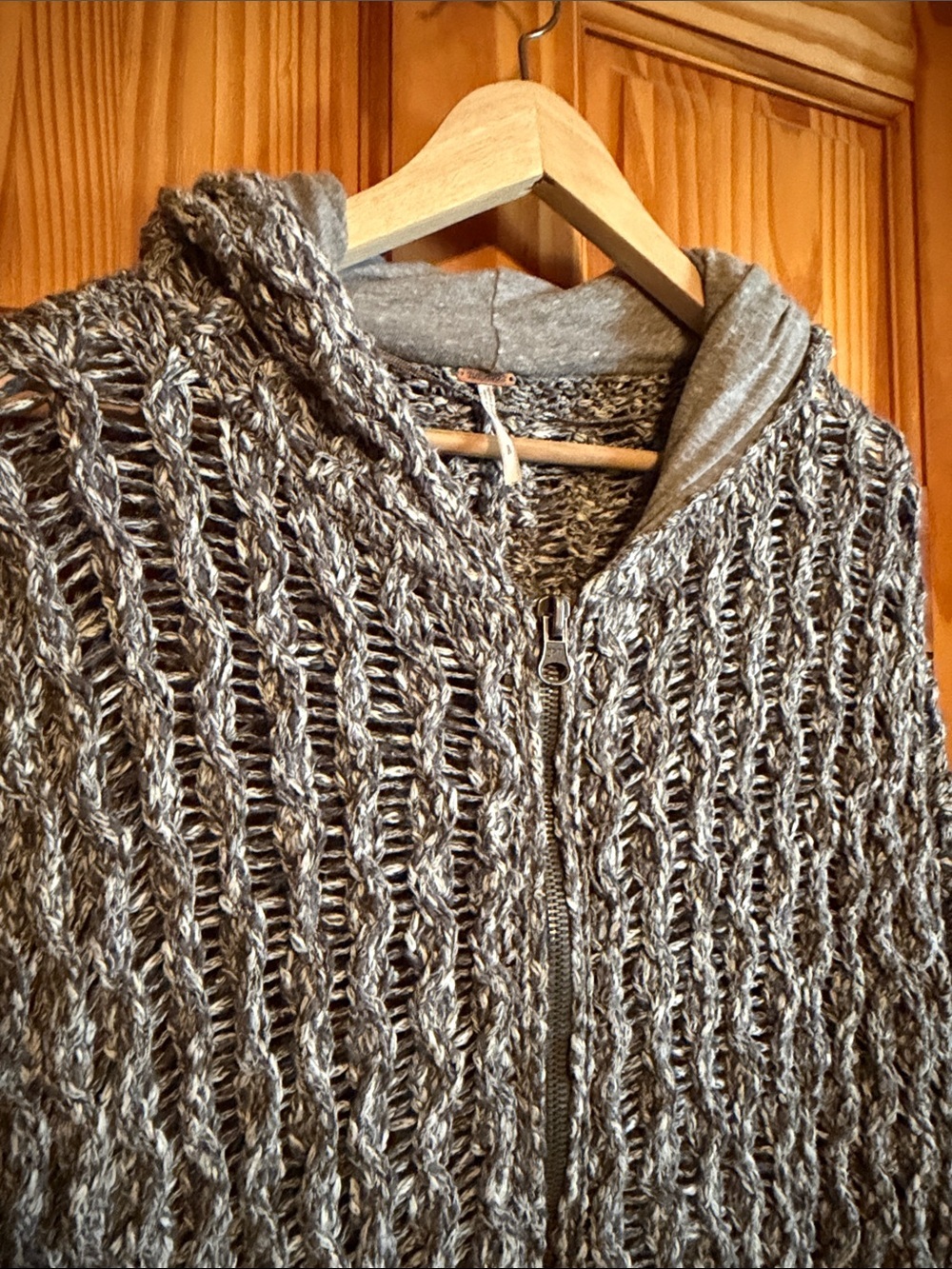 Free People Gray Marled Open-Knit Hooded Zip Cardigan - Picture 3 of 7